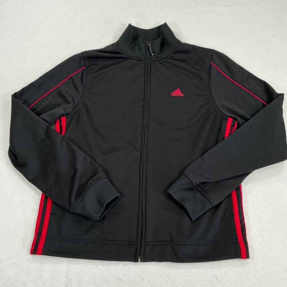 Adidas Track Jacket Mens Medium Black Red 3-Stripe Full Zip Mock Neck AZF001